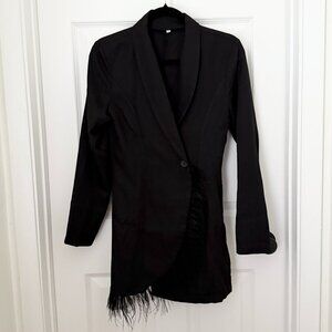 Women Asymmetric Tassel Wrap Fitted Tuxedo Blazer in Black Size Small